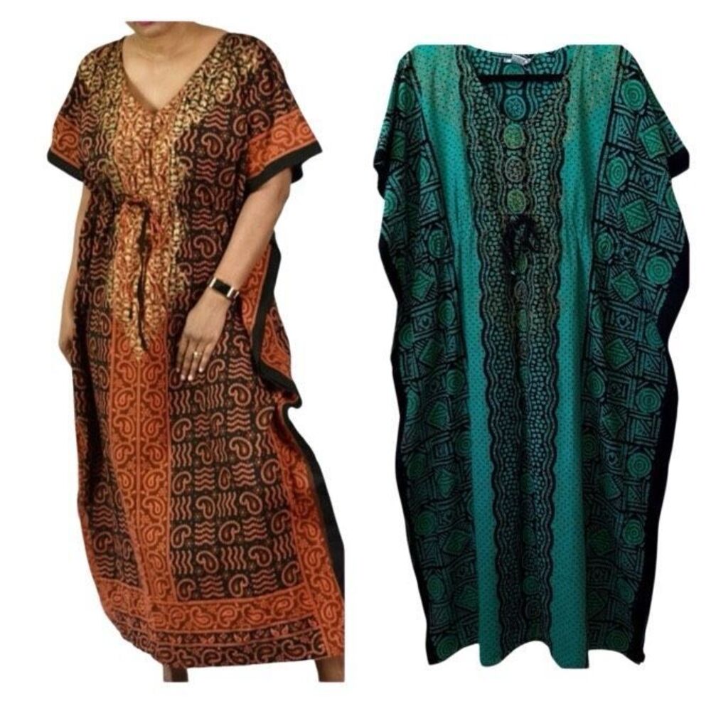 Vintage J. Gee Green Cotton Kaftan W/Gold Leaf OS Boho, Gypsy, Cover Up
